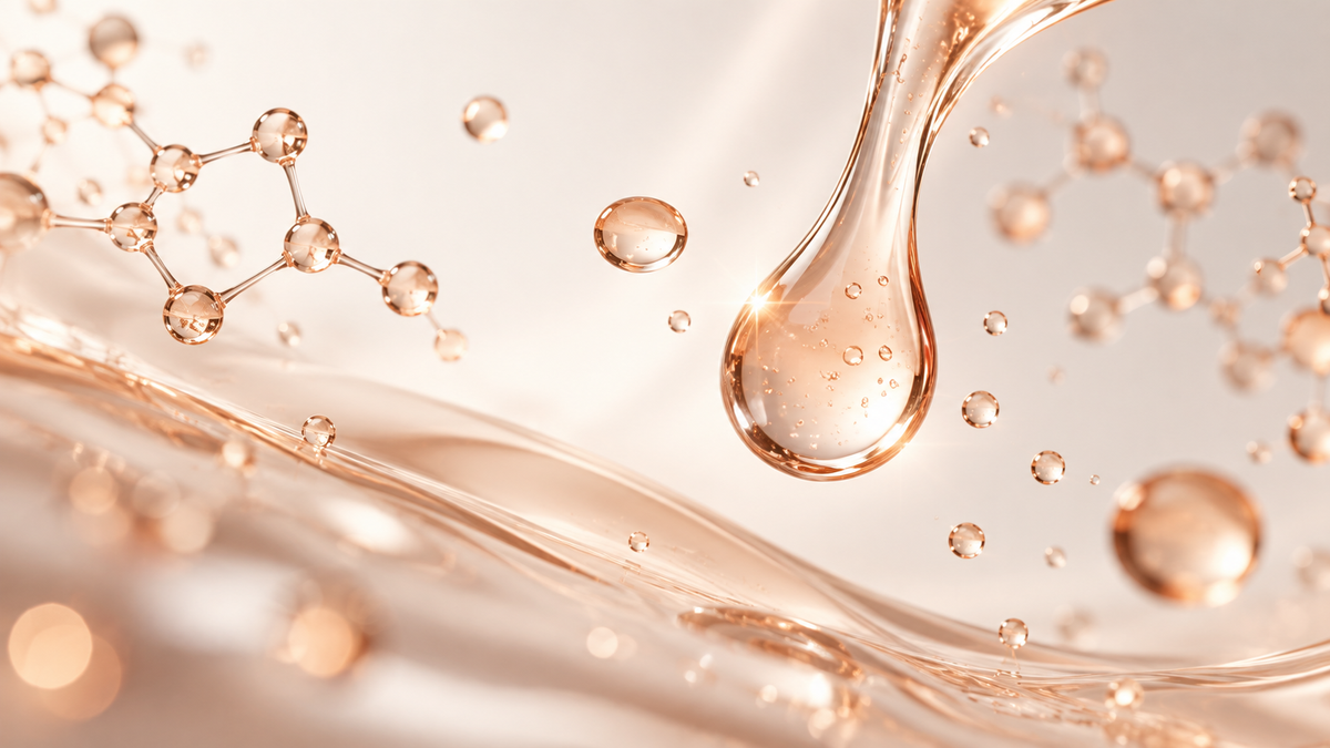 Serumtropfen und Molekülstrukturen in Roségold