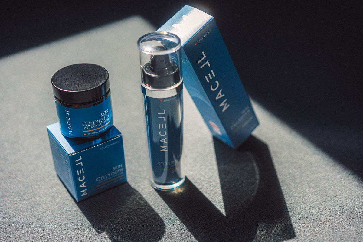 MACELL Skin CellRepair Serum und Skin CellYouth Nahrungsergänzung nebeneinander